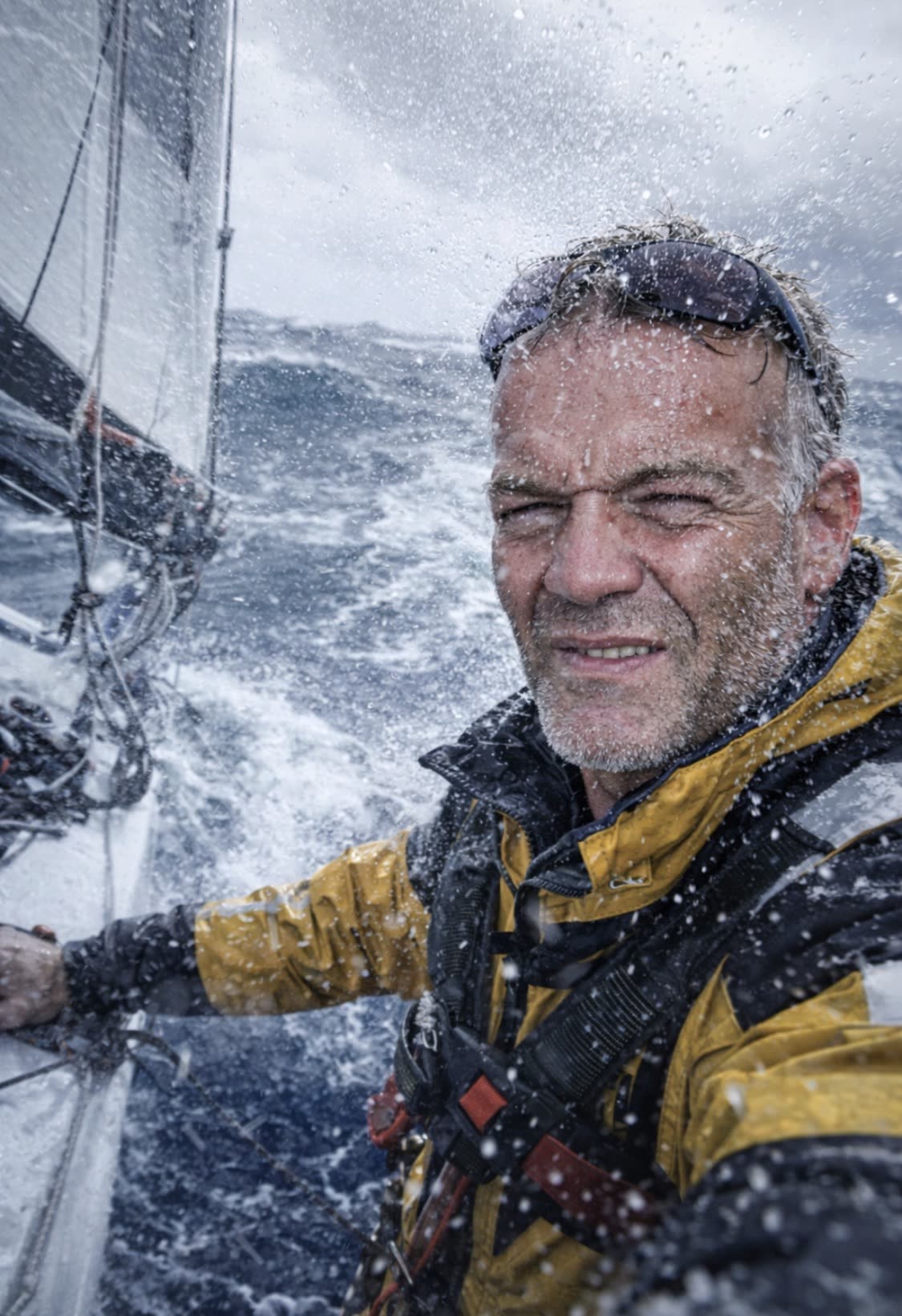 The Captain at the helm in heavy weather